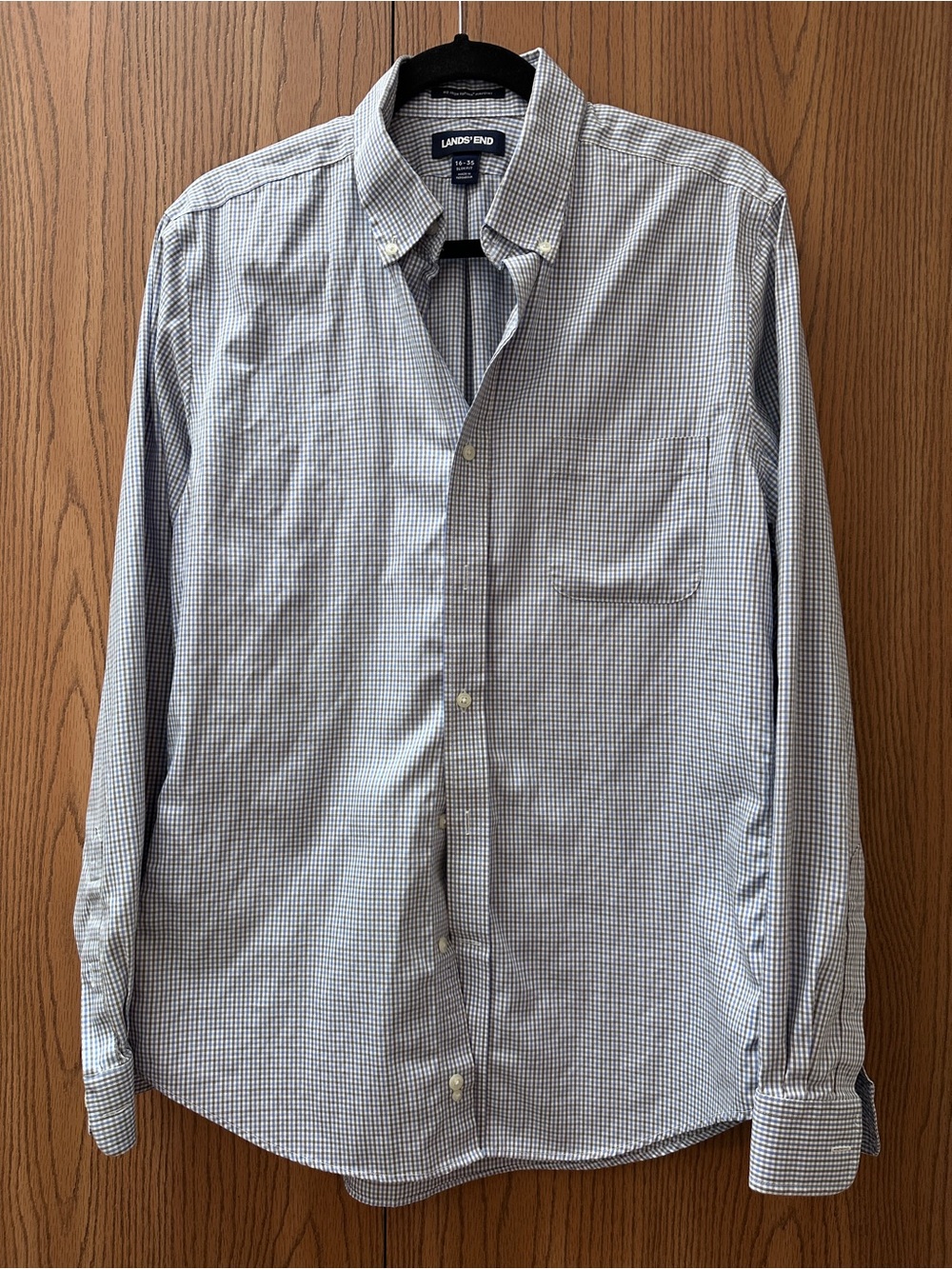 Lands' End Men's Light Blue and White Mini Check Button-Down Shirt